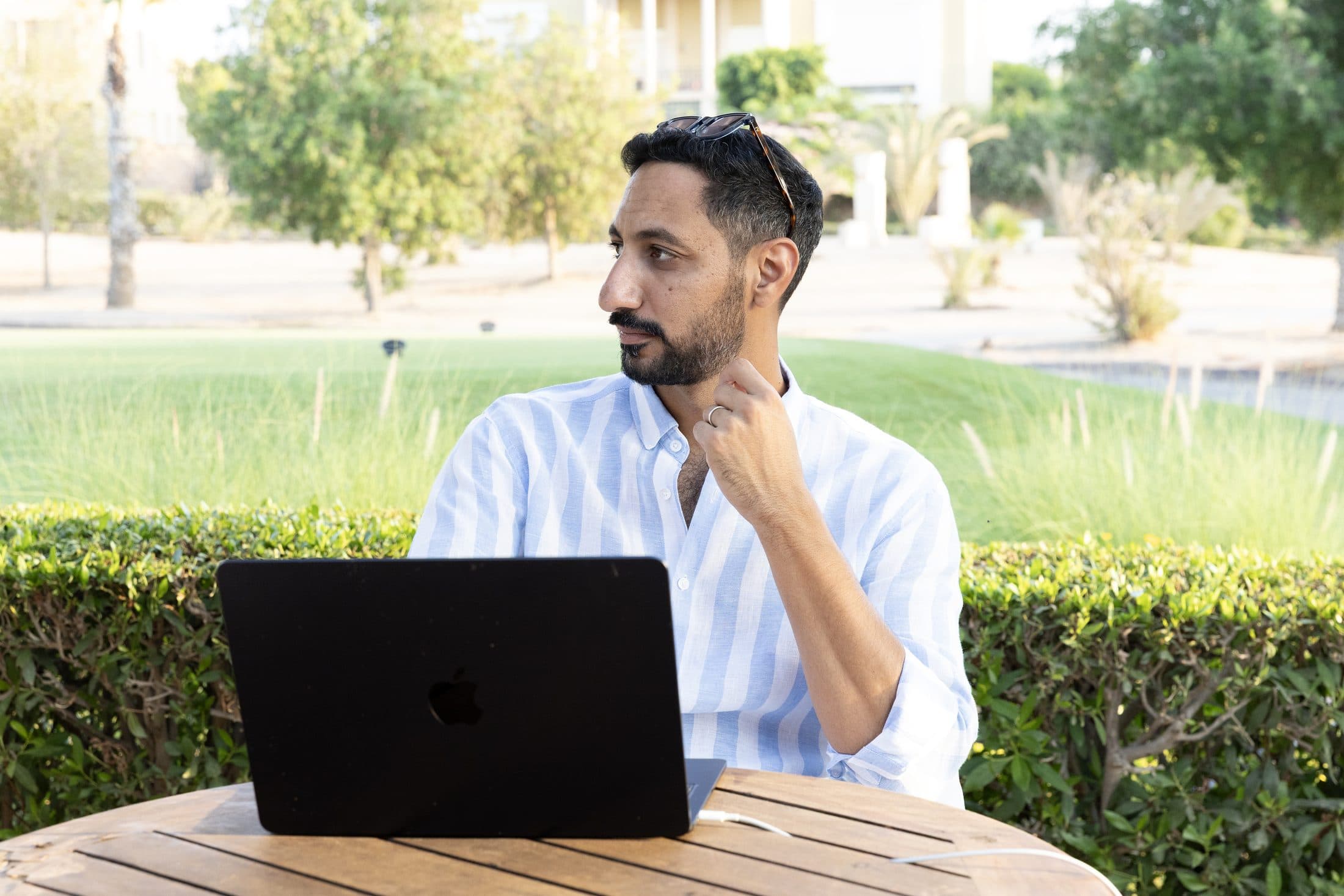 Working outdoors on a laptop